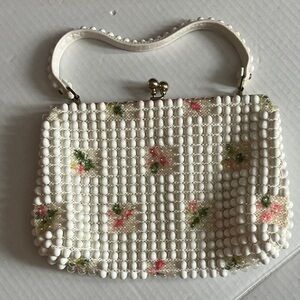 Vintage bubble chic White Beaded Clutch with Floral Accents